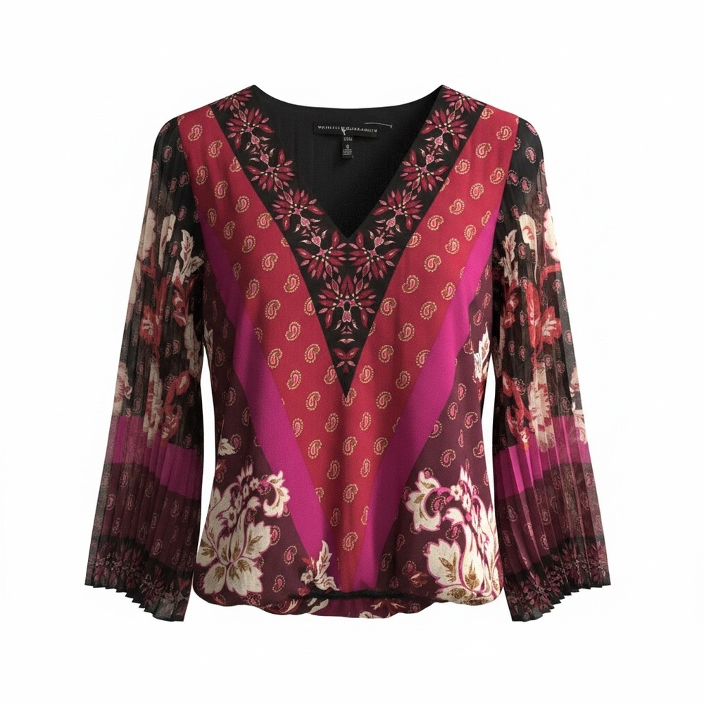 White House Black Market Magenta & Burgundy V-Neck Floral Paisley Blouse